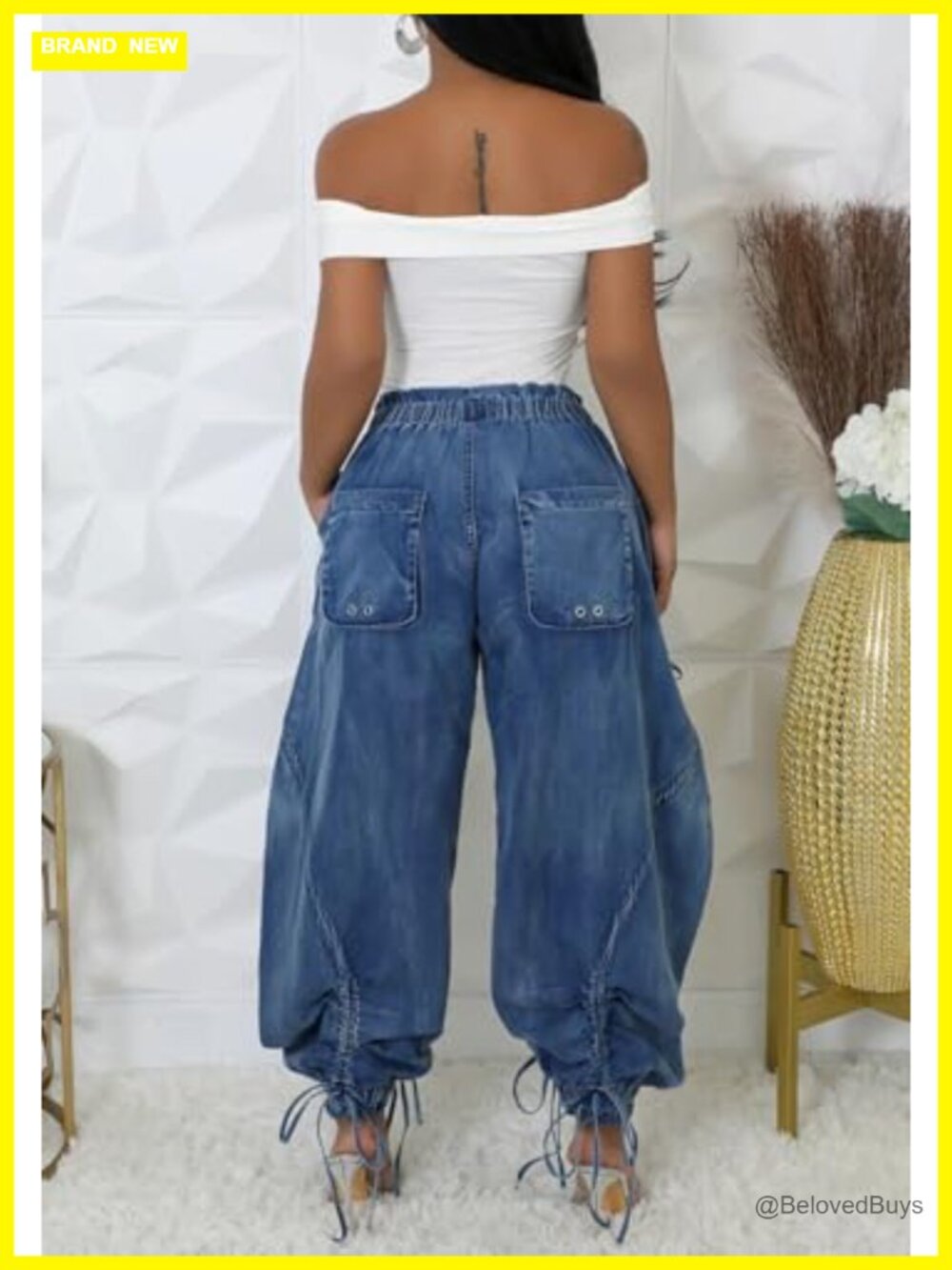 Baggy Cargo Jeans Joggers Drawstring High Waist Loose Wide Leg Denim Pants with - Picture 5 of 7